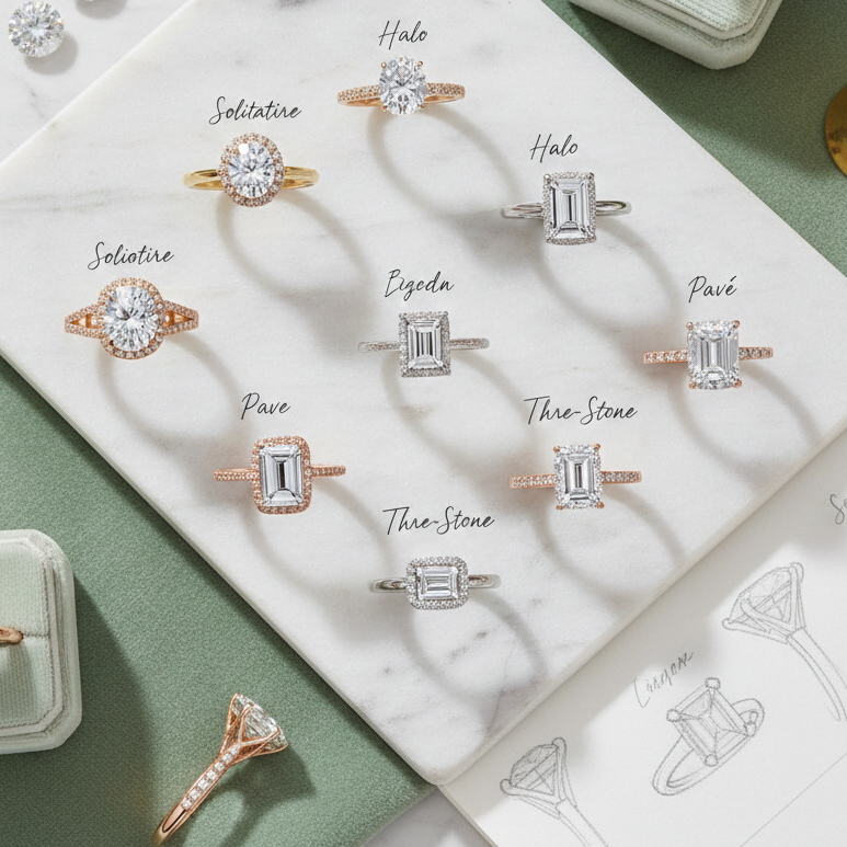 Different engagement ring styles displayed on a neutral background
