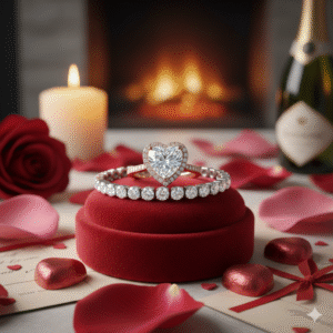 A luxury heart-shaped diamond ring and a sparkling diamond tennis bracelet displayed on a red velvet jewelry box with rose petals and a romantic fireplace background.
