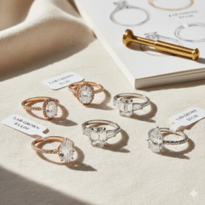 Flat-lay display of lab-grown diamond engagement rings in different shapes and settings on a neutral fabric background