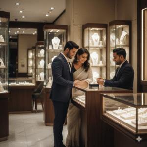 Indian man proposing with a lab-grown diamond engagement ring to his partner during a romantic Valentine’s Day candlelight setting