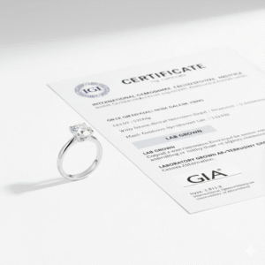 Lab-grown diamond engagement ring displayed with IGI certification document