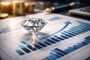 Lab-grown diamond placed over financial charts symbolizing investment potential