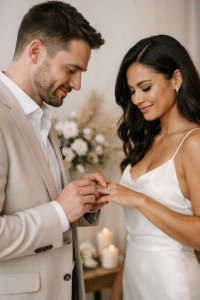 Modern couple exchanging lab-grown diamond wedding rings