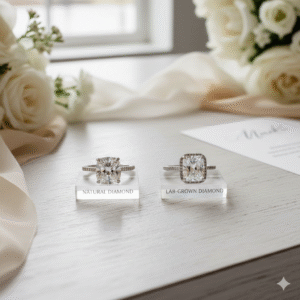 Natural and lab-grown diamond engagement rings displayed side by side for wedding jewellery comparison