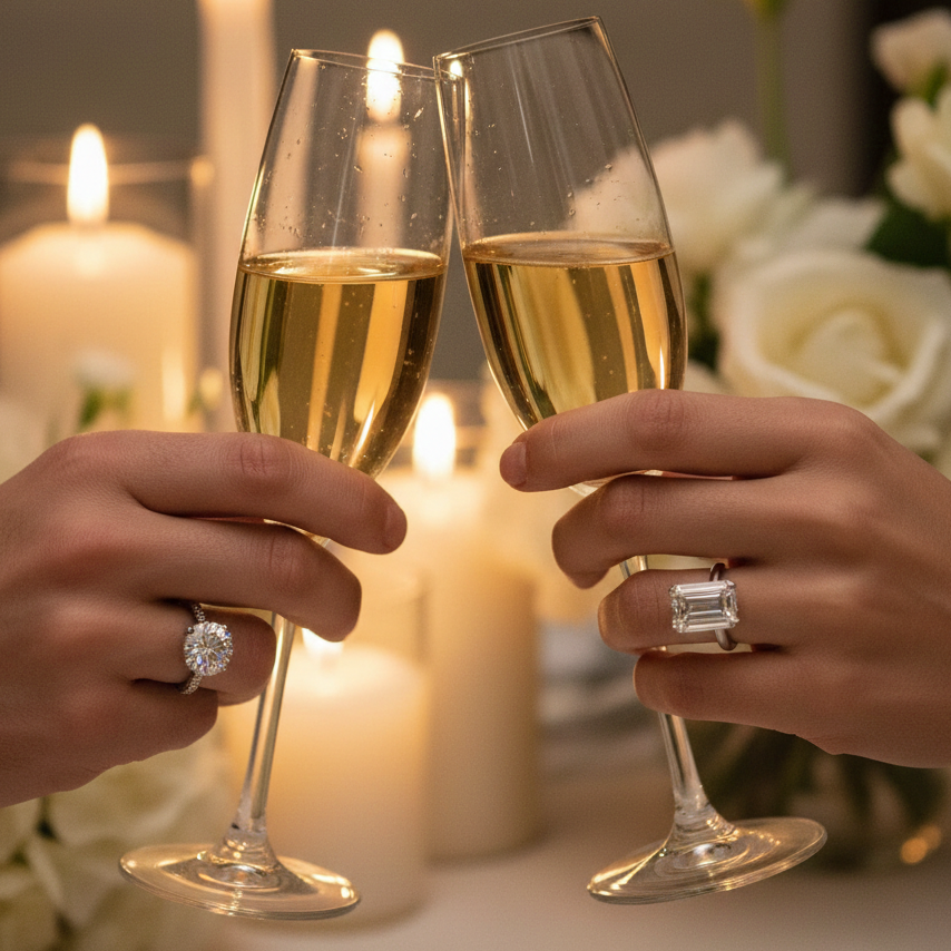 Bridal celebration scene showing natural and lab-grown diamond engagement rings
